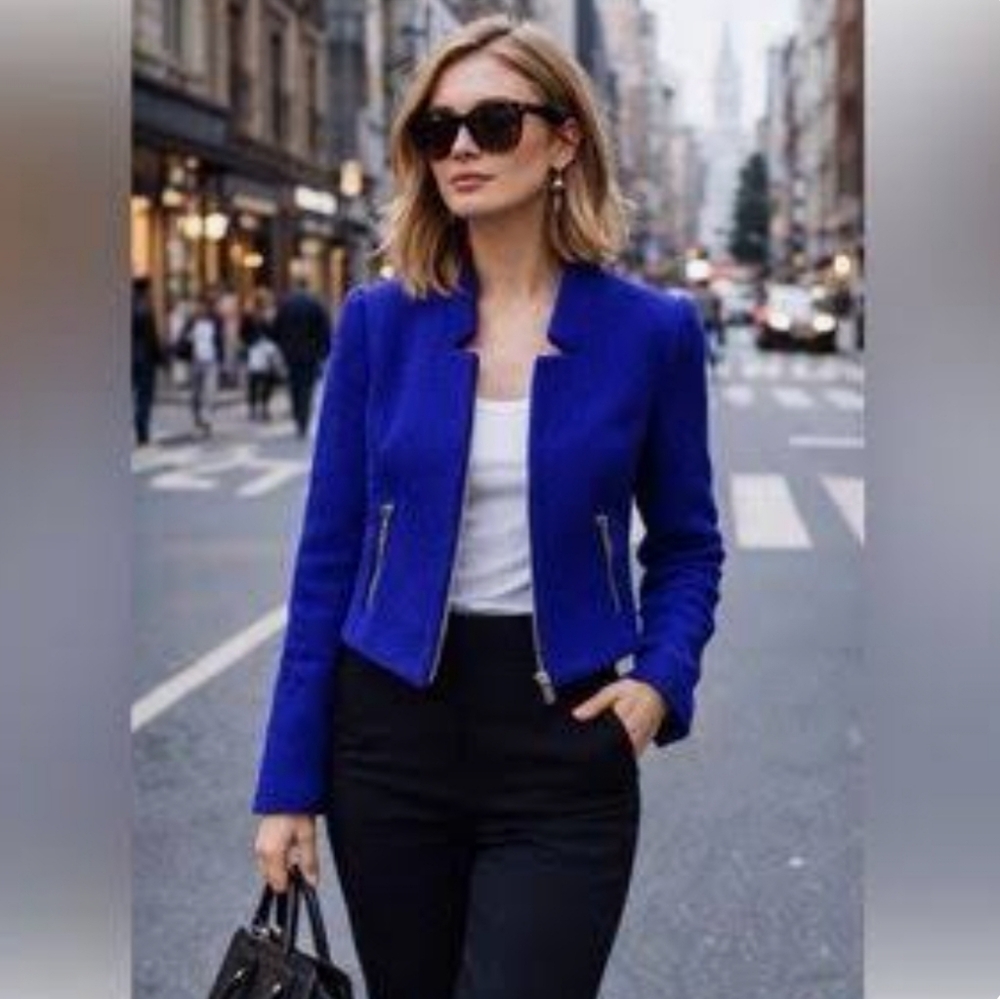 Zara Trafaluc Blue Tweed Boucle Zipper Detail Career Office Jacket Size Medium